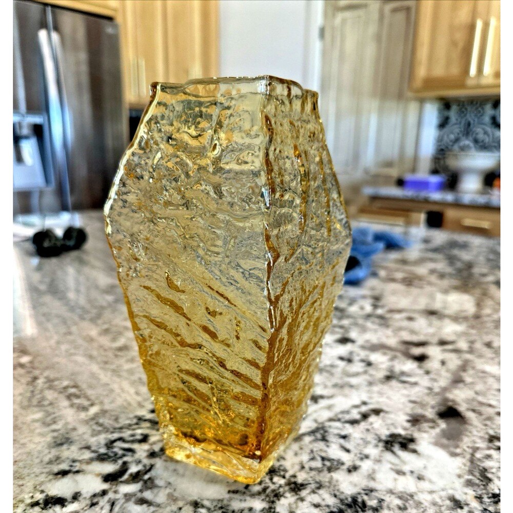 Vintage Rhombus Vase Hand Blown Amber Bark Art Glass MCM Textured 8" Tall